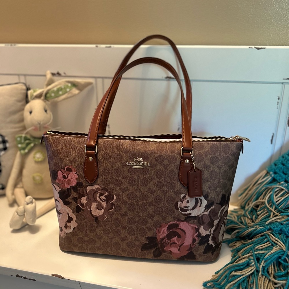 Coach Floral Print Tote Bag - Brown and Pink